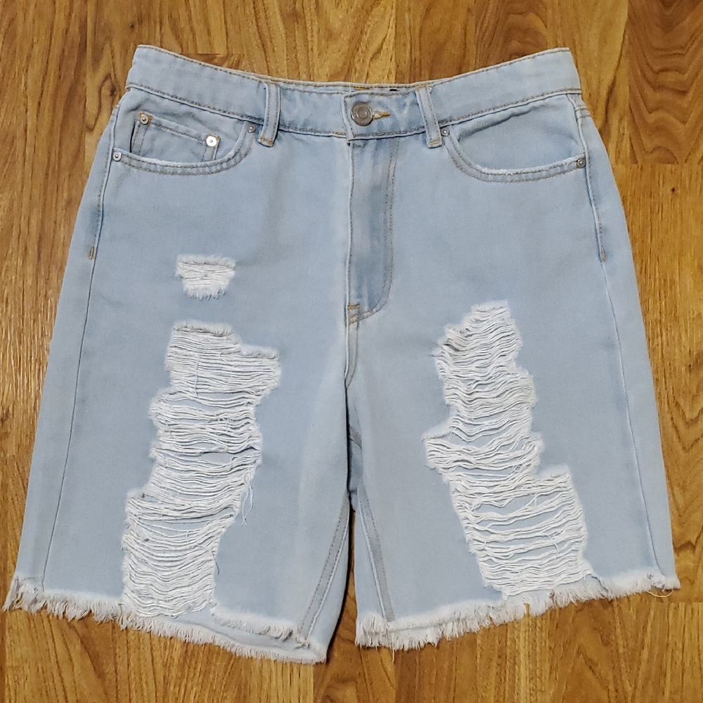 Indigo Rein Blue Super High Rise 8" Distressed Cut Off Jean Shorts Size 7 / 27